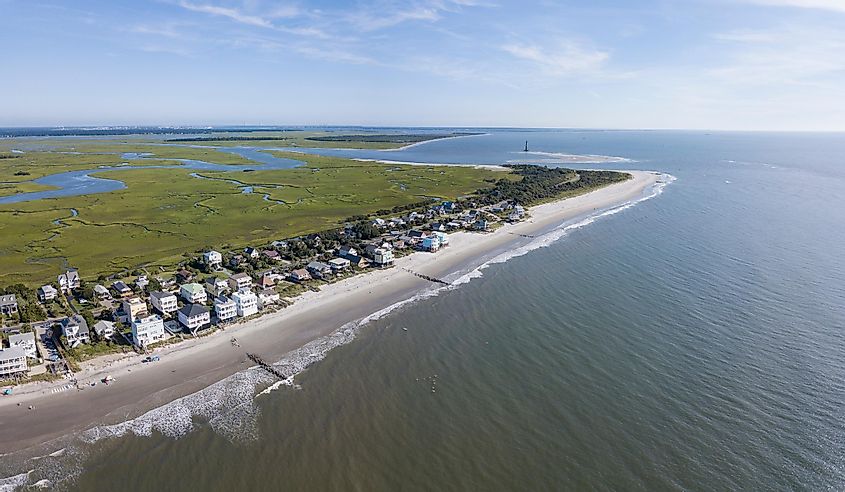 Aerial panorama view of Folly Beach, South Carolina.