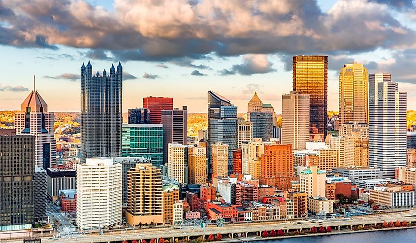 Pittsburgh downtown under a warm sunset light, viewed from Grandview Overlook