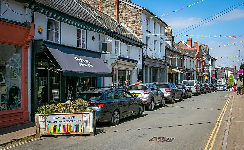 Book shops in Castle Street in Hay-on-Wye, a centre for arts, literature and learning in the historic Welsh market town of Hay-on-Wye in South Wales.