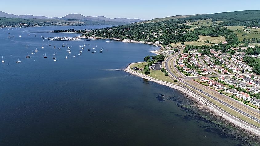 Aerial image over the river Clyde towards Helensburgh Sailing Club, and Rhu Marina. (TreasureGalore via Shutterstock)