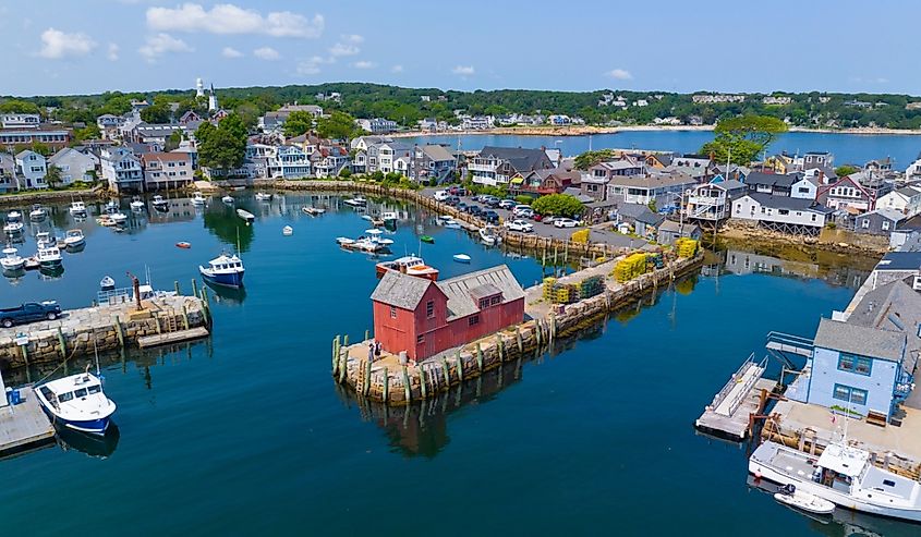 Rockport Harbor aerial view including Bearskin Neck and Motif Number 1 building in historic waterfront village of Rockport, Massachusetts 