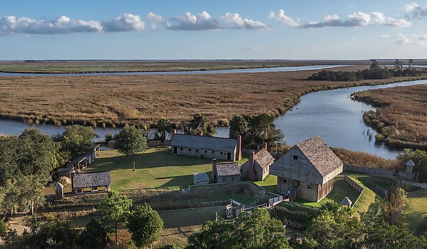 Aerial view of Fort King George historic site, oldest English fort on the Georgia coast in Darien.