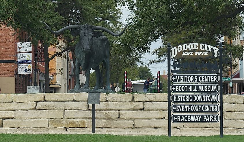 The El Capitan Longhorn Statue is one of the tourist attractions in Dodge City, Kansas. Image credit RaksyBH via Shutterstock