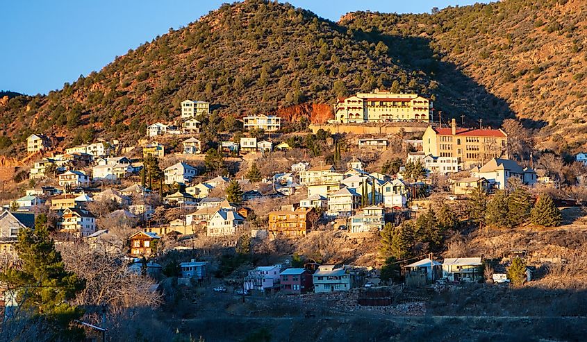 Jerome town, nestled on a hillside in the winter's morning sun in Arizona,