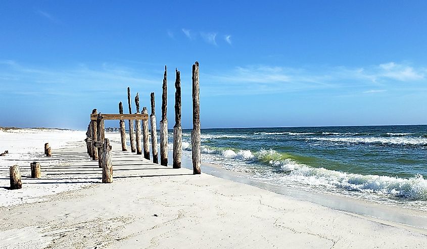 Shell Island beach on the Gulf of Mexico, in the Florida panhandle, site of dock ruins on the white sands near Panama City Beach