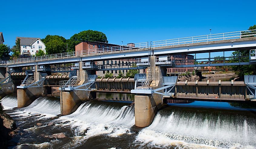 Woonsocket Falls Dam on Blackstone River in downtown Woonsocket, Rhode Island