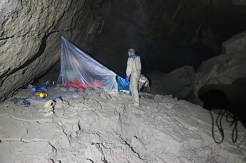 Explorers setting up at the known bottom of the Tears of the Turtle Cave