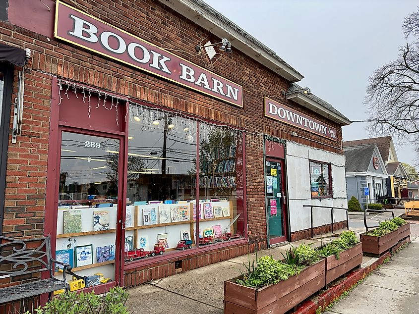 Exterior of Book Barn Downtown edition on Main Street in Niantic, Connecticut, USA, after a recent rainfall. 