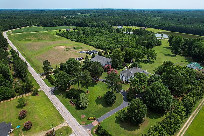 Aerial view from over a wedding venue and farm in Central North Carolina