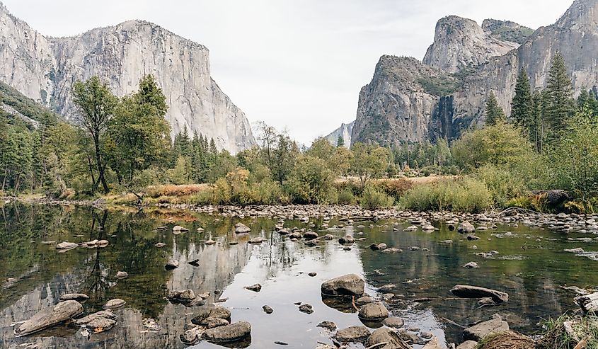 Scenic panoramic view of famous Yosemite Valley with El Capitan rock near Mariposa. 