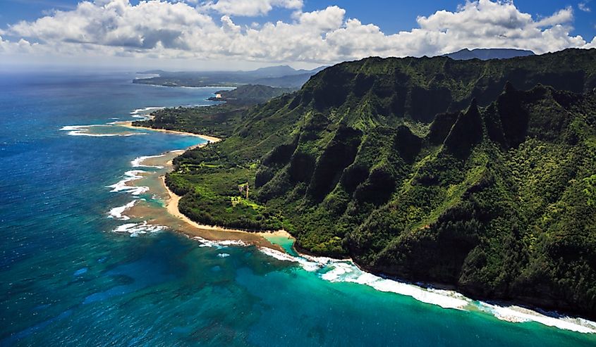 Aerial view of the Hawaiian Islands surrounded by the Pacific Ocean