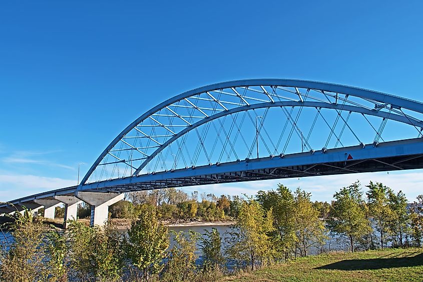 Atchison, Kansas - November 5 2021: The Amelia Earhart Memorial Bridge is a network tied arch bridge. Editorial credit: Mystic Stock Photography / Shutterstock.com