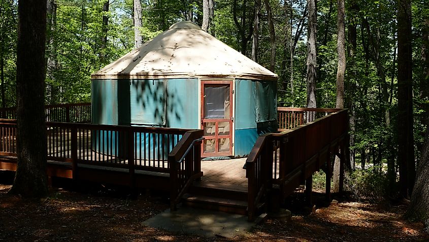 The rustic strong-back tent accommodation known as a yurt in Fairy Stone State Park, Virginia.