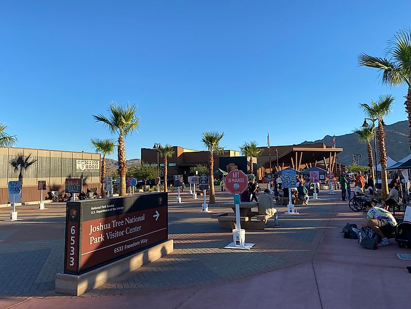 The entrance sign for the Joshua Tree National Park Visitor Center where an artsy pop-up market has unfolded.