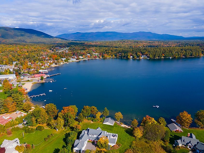 Center Harbor town aerial view in fall