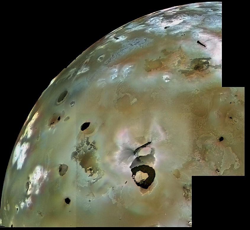 A huge area of Io's volcanic plains is shown in this Voyager 1 image mosaic.