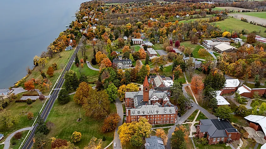 Aerial view of fall foliage around the Village of Aurora in Cayuga County, New York.