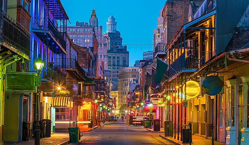 Pubs and bars with neon lights in the French Quarter, New Orleans