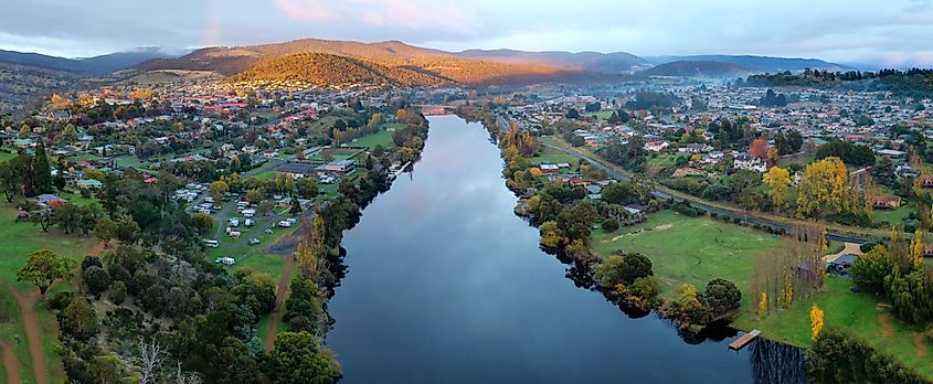 A panoramic view of New Norfolk in Tasmania, Australia