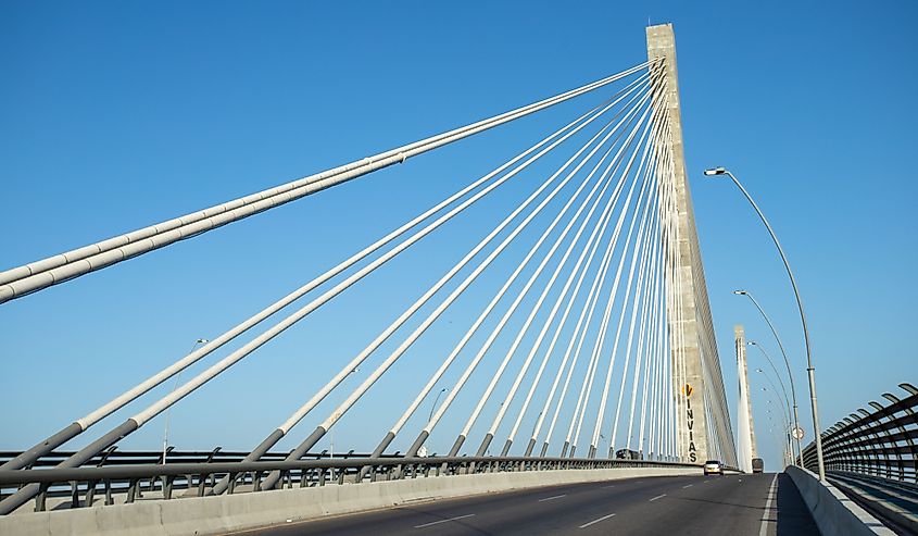 View on Pumarejo Bridge with blue sky in the city.