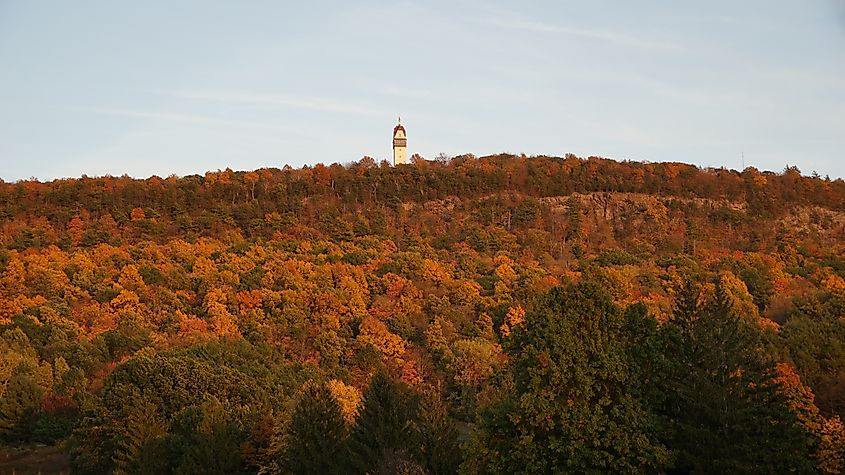 A view of Heublein Tower during autumn on Talcott Mountain in Simsbury, Connecticut.
