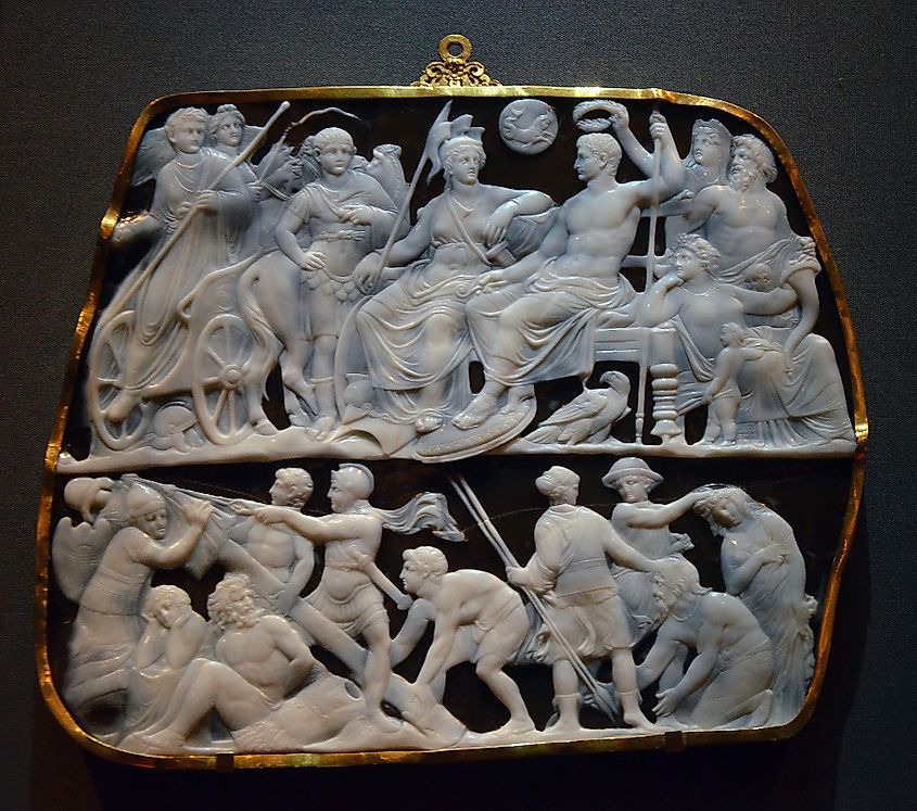 Gemma Augustea, a two-layered sardonyx depicting the Emperor Augustus surrounded by goddesses and allegories
