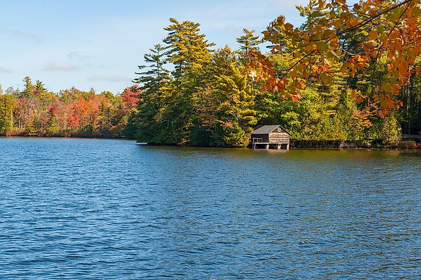 Beautiful autumn colors of surrounding woodlands of Lake Echo, Maine