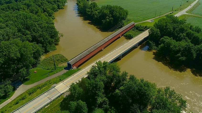 Aerial photo of the Medora Covered Bridge located in Medora, Indiana.