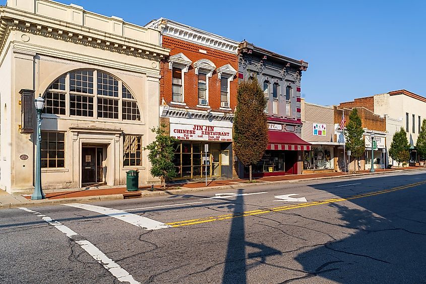 Old buildings line the main street in Tarboro, North Carolina