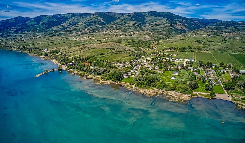 Aerial View of Fish Haven, Idaho on the shore of Bear Lake