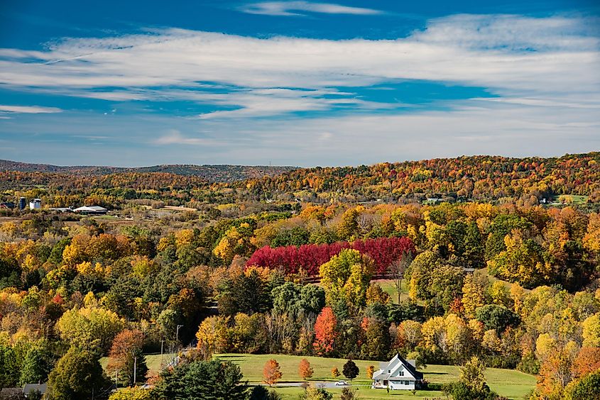 Landscape of the mountains in Bennington city, Vermont, USA, showcasing vibrant fall foliage.