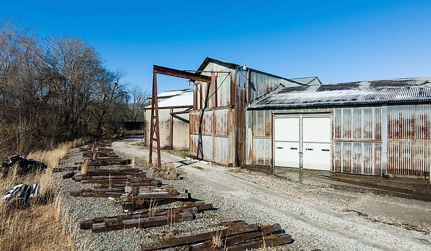 Dismantled Railroad with Ties and Gravel Remaining and Abandoned Industrial Building, Huntington, West Virginia