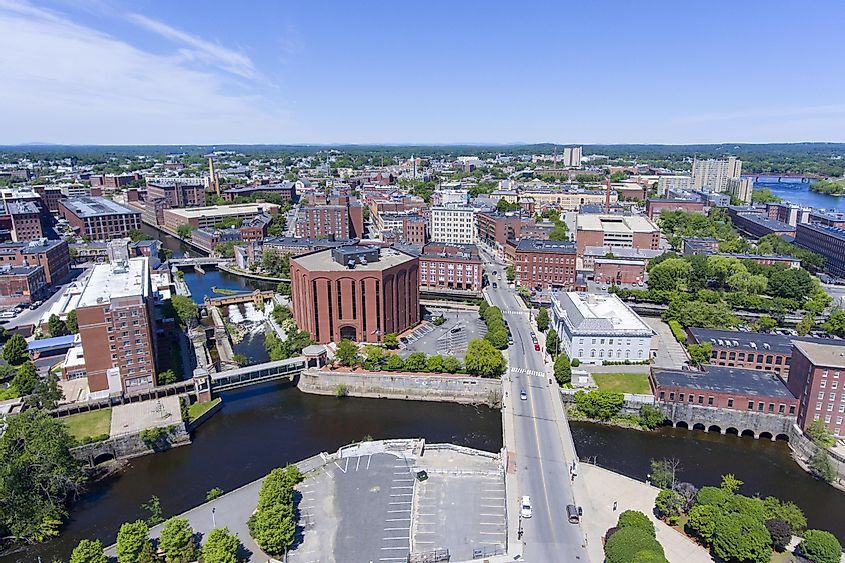 Lowell historic downtown and Concord River aerial view in Lowell, Massachusetts, USA.