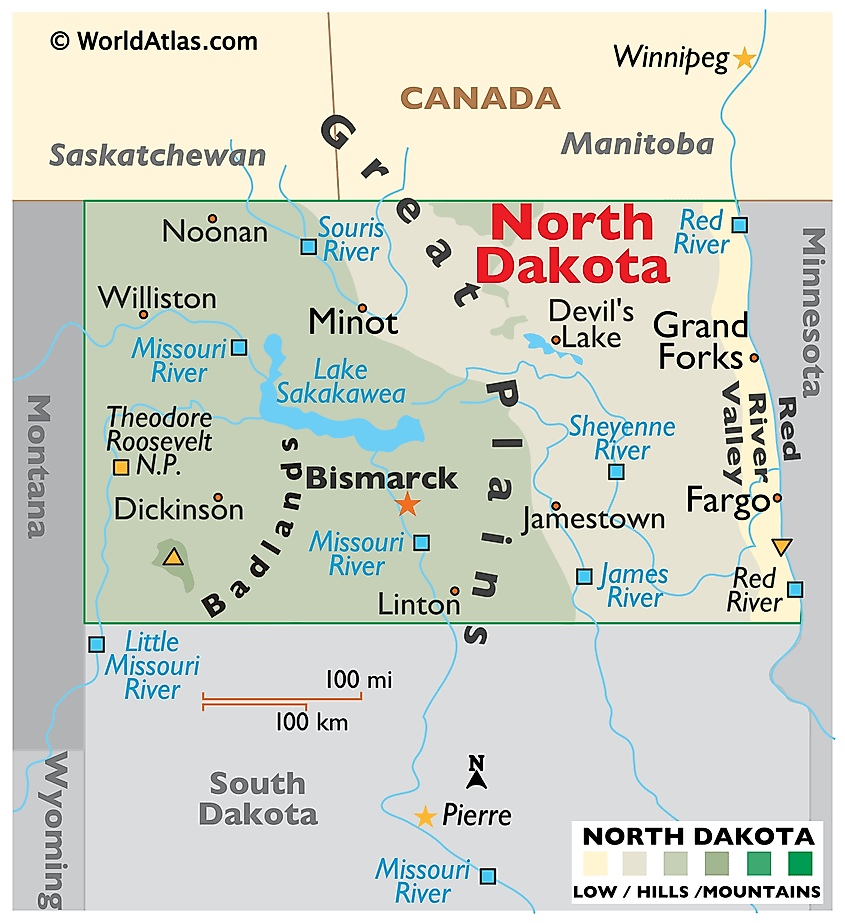 Physical map of North Dakota showing the Missouri River, the Red River Valley, and the Badlands.