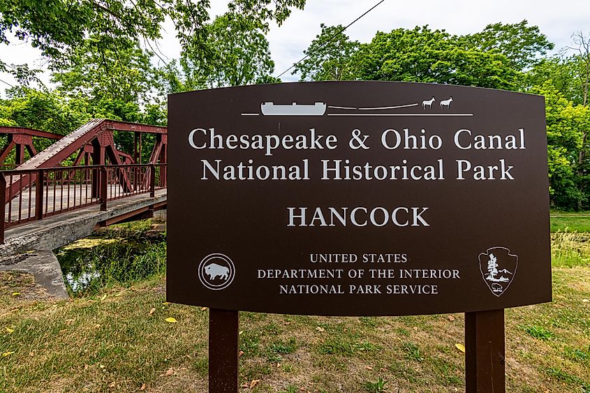 A sign welcomes visitors to the Chesapeake & Ohio Canal National Historical Park in Hancock
