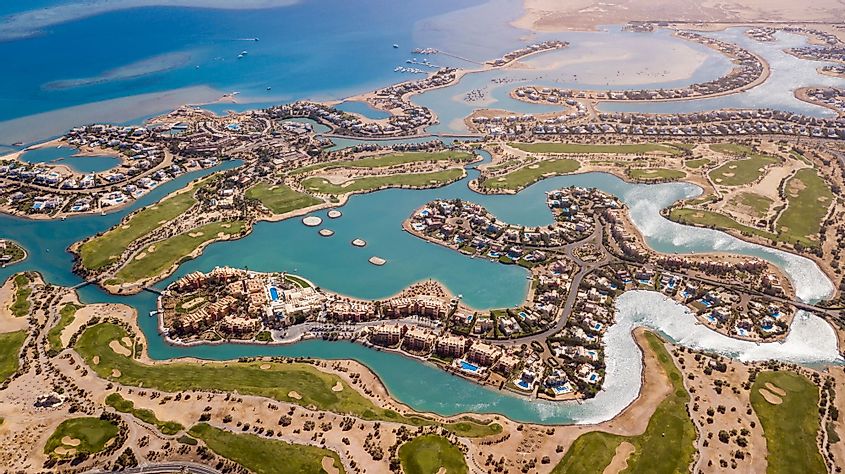 Beautiful aerial view of a big golf course with lakes in El Gouna, Egypt