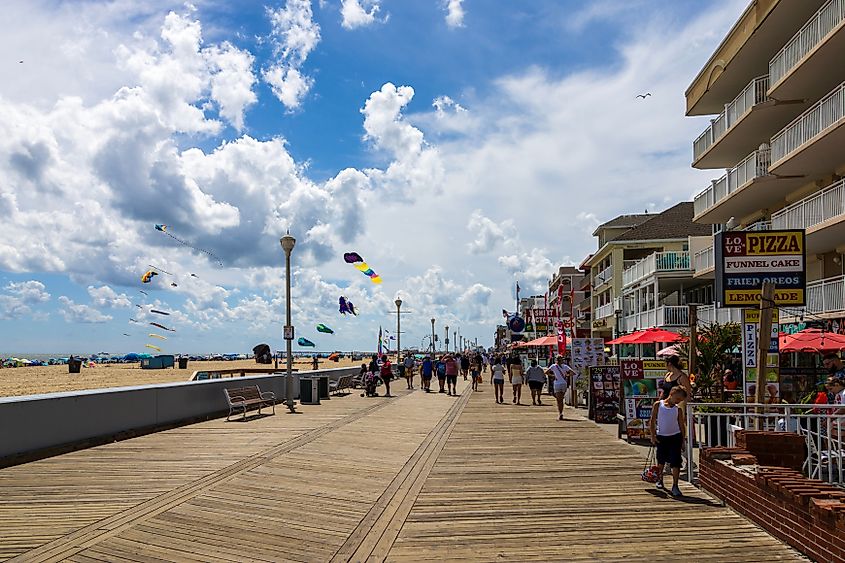 People walking on the Ocean City Boardwalk in Ocean City, Maryland.