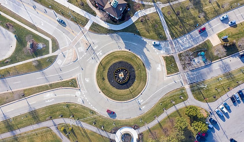 Drone view of a roundabout located in Sterling Heights Michigan.