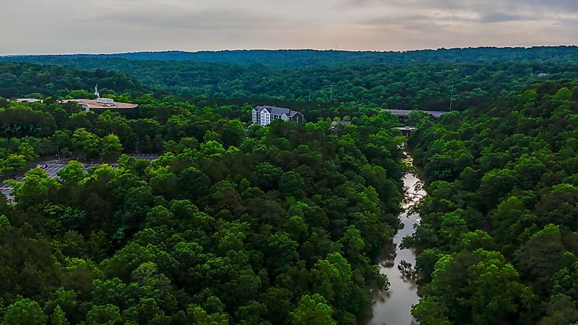 Aerial nature landscape of Cahaba River and forest in Vestavia Hills, Alabama.