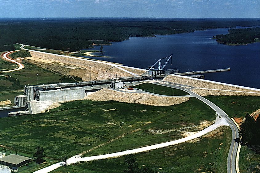 Aerial view of the Jamie Whitten Lock and Dam, formerly known as the Bay Springs Lock and Dam, on the Tennessee-Tombigbee Waterway in Tishomingo County, Mississippi