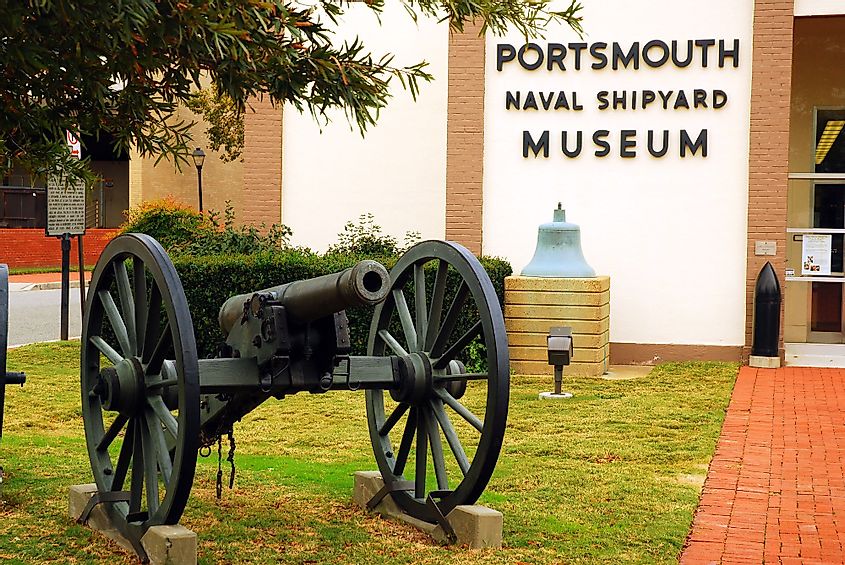 A cannon sits outside the Portsmouth Naval Shipyard Museum in Portsmouth, Virginia