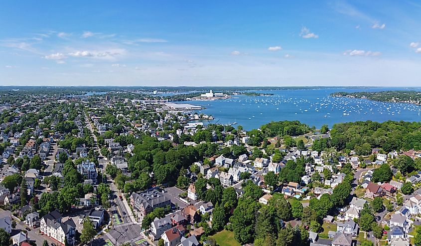 Aerial view panorama of Salem historic city center and Salem Harbor in town of Salem, Massachusetts