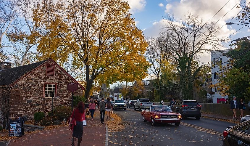 Traffic congestion on Main Street at New Hope, PA, a popular small town tourist destination during an autumn day.