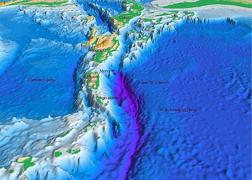 The purple sea floor at the center of the view is the Puerto Rico Trench, the deepest part of the Atlantic Ocean.