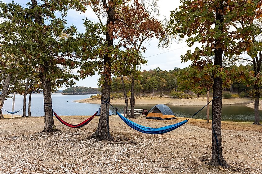 Campsite by the serene Broken Bow Lake near Broken Bow, Oklahoma