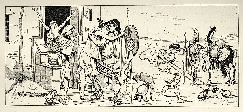 Spartan warrior kissing his wife as he goes to war, Ancient Greece.