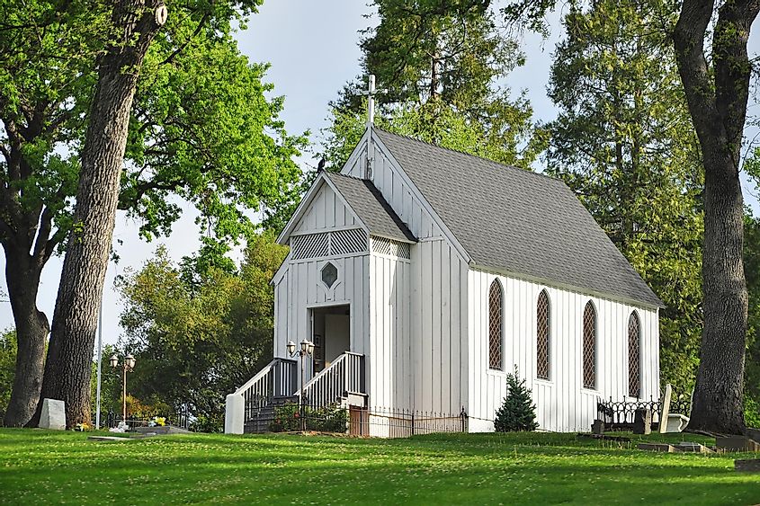 A white church in the garden , Oakhurst, California, USA