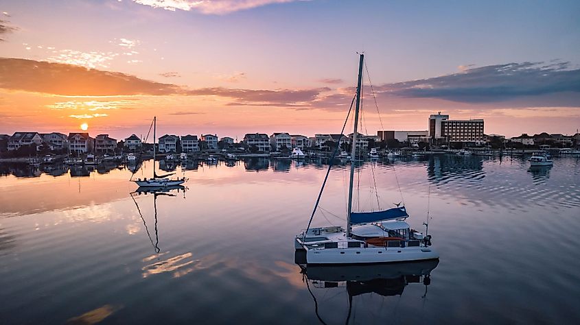 Catamaran on the glassy waters of the Intracoastal Waterway in Wrightsville, North Carolina