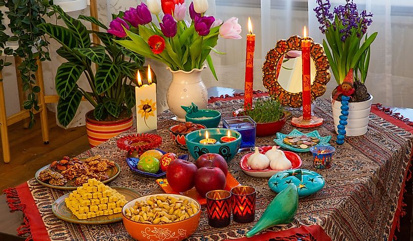 Haft-Seen is a tabletop arrangement of seven symbolic items traditionally displayed at Nowruz, the Iranian new year