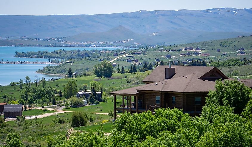 Gorgeous view of Bear Lake in Garden City, Utah. Cabins overlooking view.